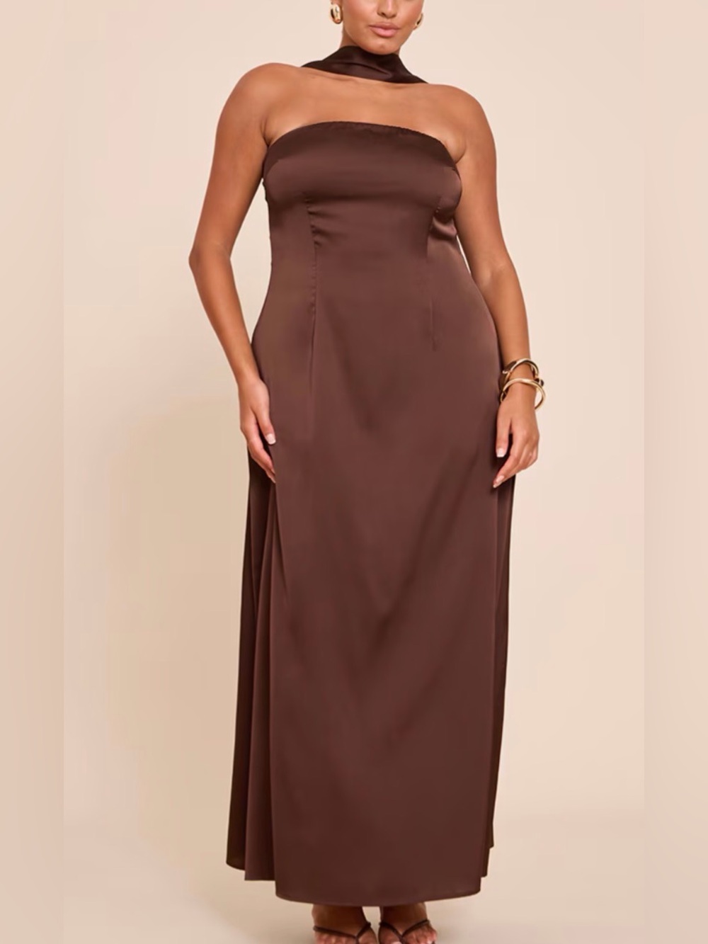 PrettyLittleThing Plus Satin Strapless Maxi Dress in Brown